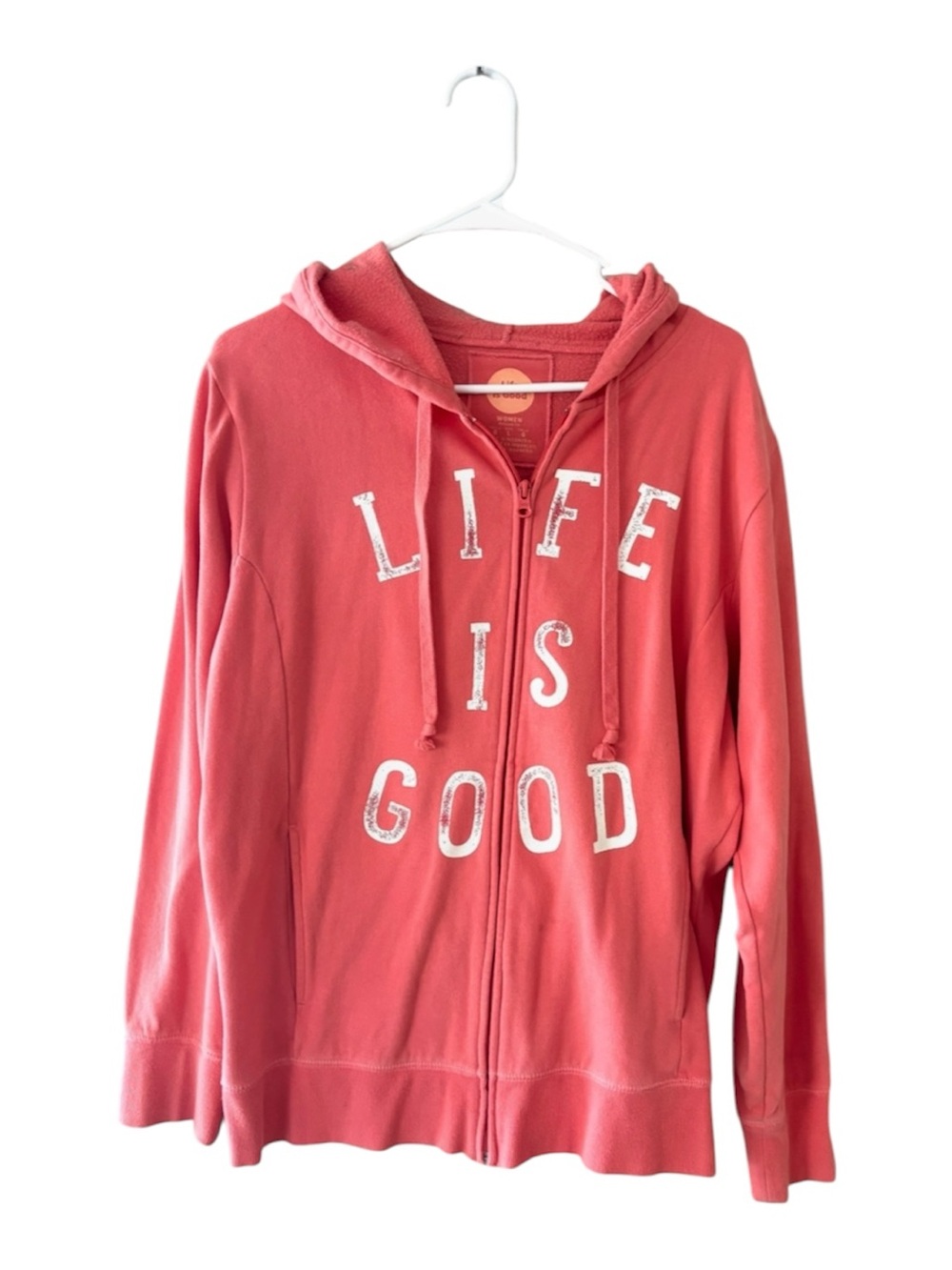 NWOT Life is Good Coral Spellout Full Zip Cotton Hoodie SZ L